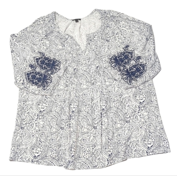 Talbots Tops - Talbots Womens Shirt Blue White Cut Out Embroidery Pattern Peasant V Neck Large